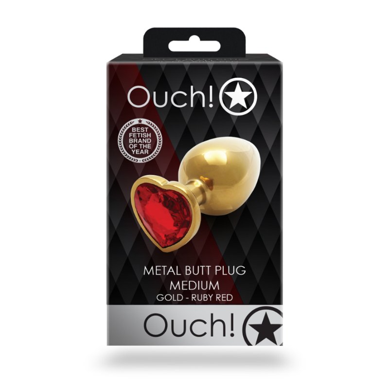 Анальна пробка - Ouch! Metal Butt Plug Medium Gold/Ruby Red