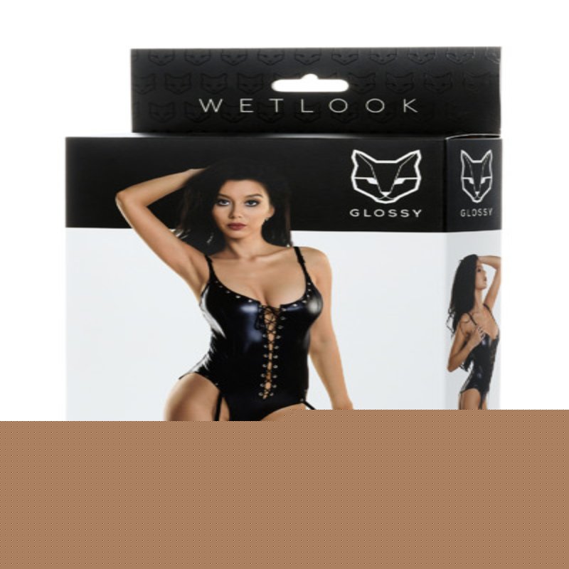 Боді Glossy Katherin з матеріалу Wetlook на шнурівці, чорне - зображення 1
