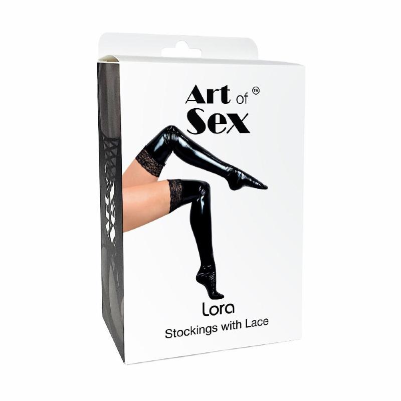Сексуальні вінілові панчохи Art of Sex - Lora з мереживом, розмір M, колір чорний