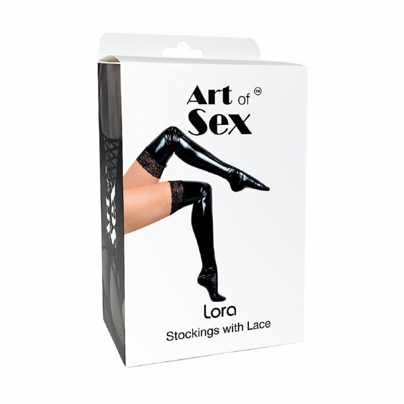 Сексуальні вінілові панчохи Art of Sex - Lora з мереживом, розмір S, колір червоний