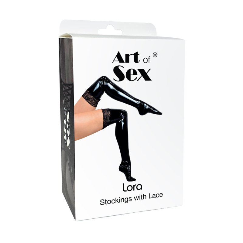 Сексуальні вінілові панчохи Art of Sex - Lora з мереживом, розмір M, з ефектом голограми