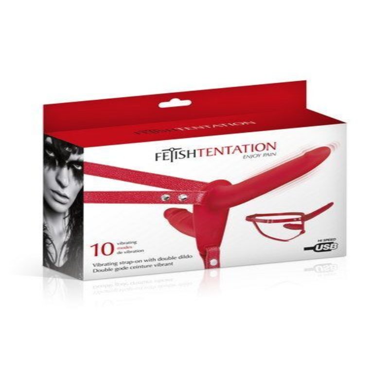 Подвійний страпон з вібрацією Fetish Tentation Vibrating Strap-On Red (м'яте паковання!!!)