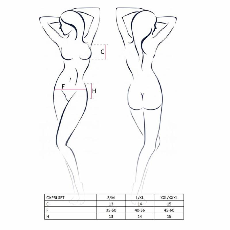 Комплект білизни під латекс Passion CAPRI SET L/XL, black, міні-бікіні, стрінги, пояс для панчіх