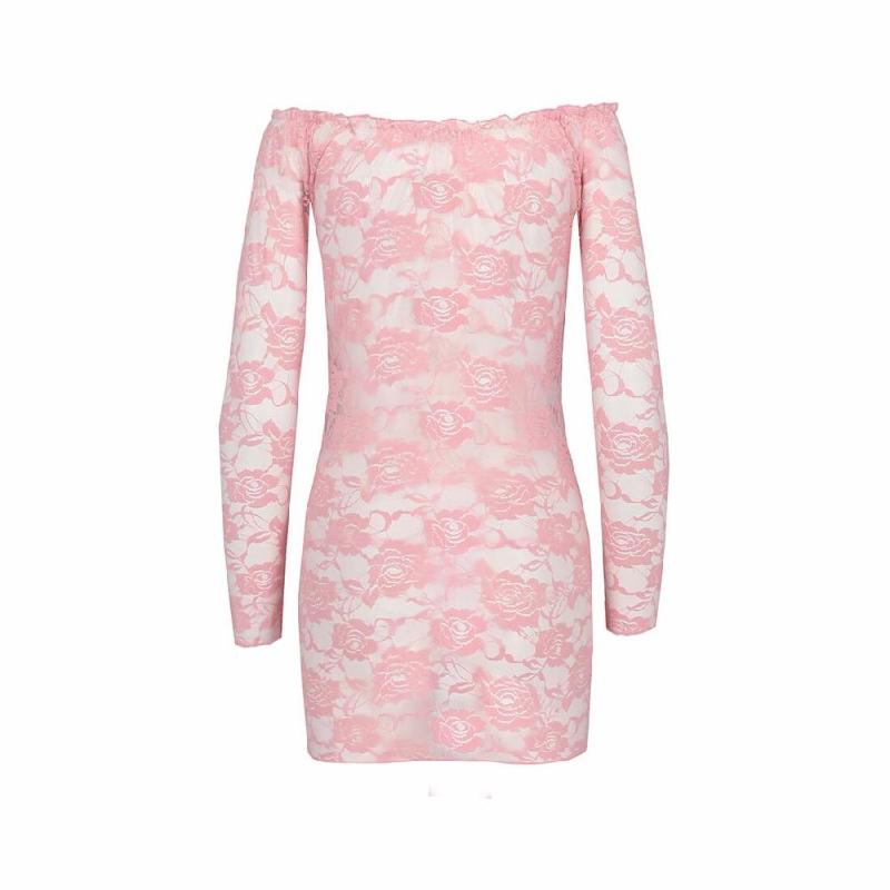 Прозора сорочка з довгим рукавом Passion YOLANDA CHEMISE S/M, pink, трусики
