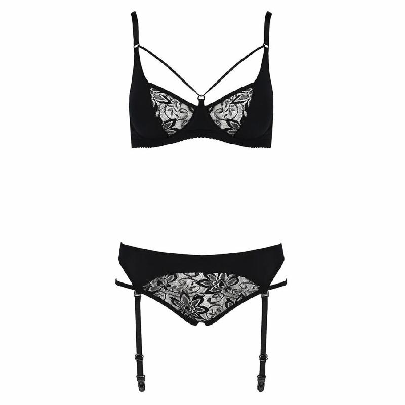 Комплект білизни Passion PAULINE SET L/XL, black, стрепи, ліф, стрінги і пояс для панчох