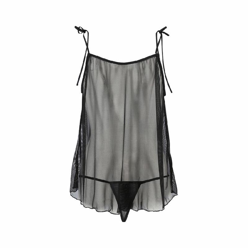 Сорочка прозора бебі-дол Passion MELANIA CHEMISE L/XL, black, трусики, на тонких бретелях
