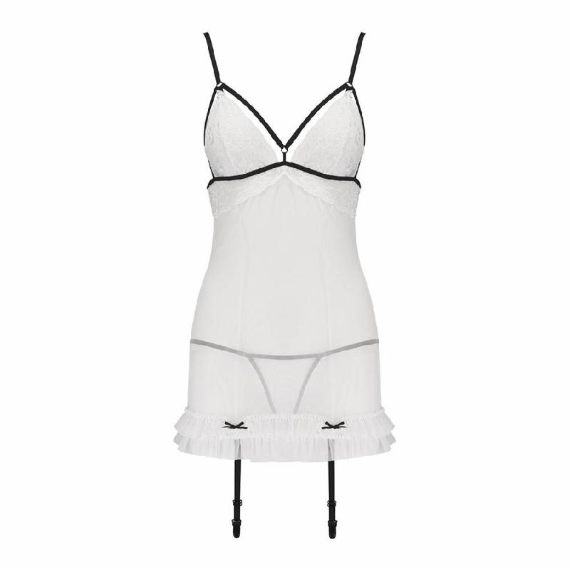 Сорочка прозора з пажами Passion ORIHIME CHEMISE S/M, white, трусики, стрепи