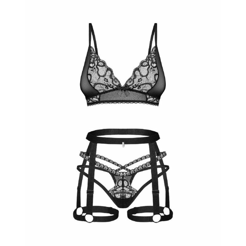 Комплект Obsessive Blomentis 3-pcs set, M/L, м’який ліф, стрінги зі стрепами, пояс із гартерами
