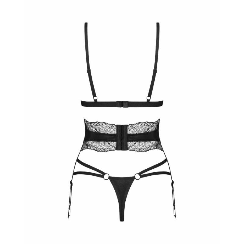Комплект Obsessive Lobellis 3-pcs set, M/L, чорний, ліф з м’якою чашкою, стрінги, пояс для панчіх