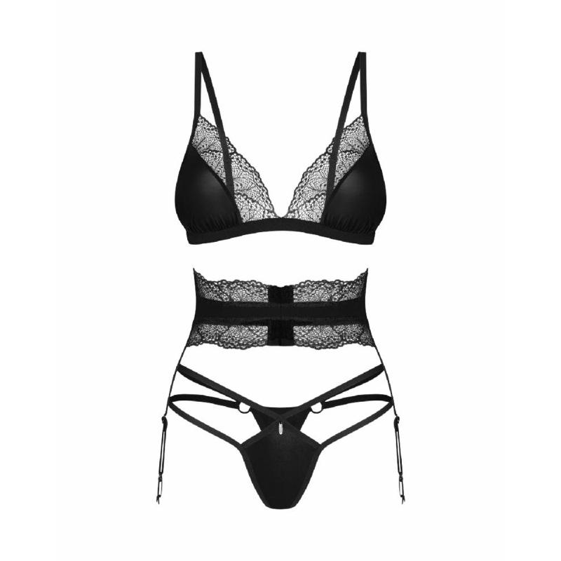 Комплект Obsessive Lobellis 3-pcs set, M/L, чорний, ліф з м’якою чашкою, стрінги, пояс для панчіх