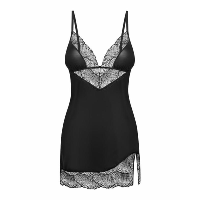 Пеньюар Obsessive Lobellis chemise & thong, XS/S, чорний, мереживне оздоблення, стрінги в комплекті
