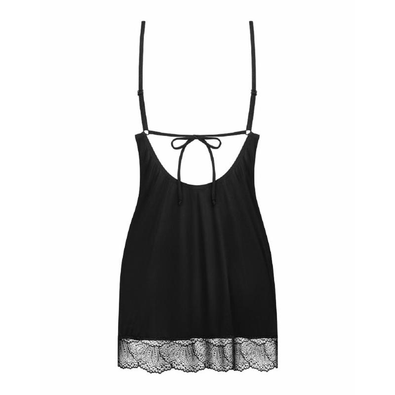 Пеньюар Obsessive Lobellis chemise & thong, XS/S, чорний, мереживне оздоблення, стрінги в комплекті