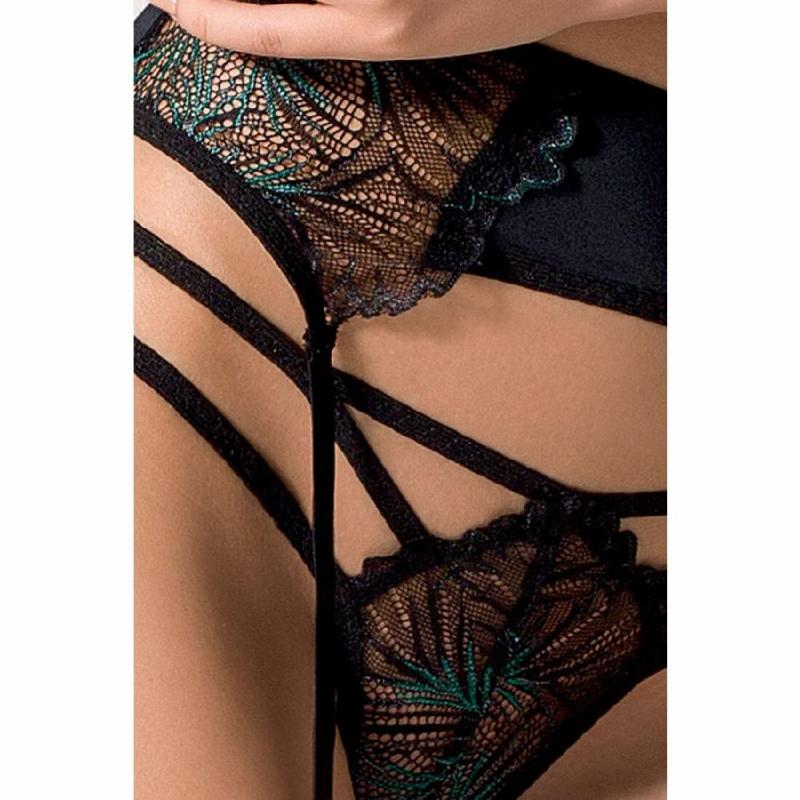 Комплект білизни Passion Exclusive FLORIS SET L/XL, black, ліф, трусики, пояс для панчіх