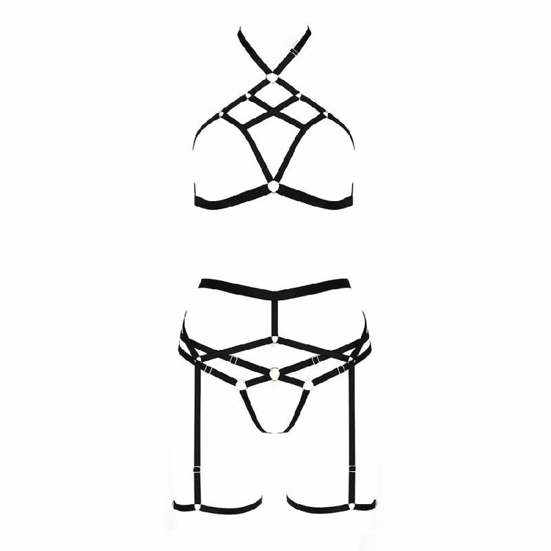 Комплект білизни Passion Exclusive MORGAN SET OpenBra XXL/XXXL, black, стрепи, трусики, ліф, пояс