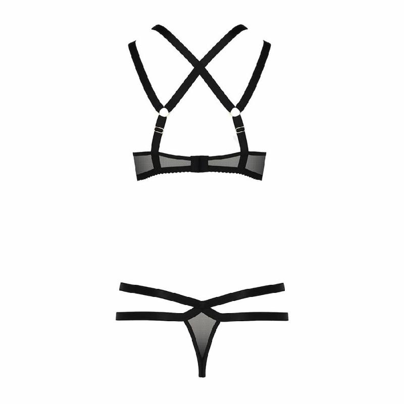 Комплект білизни Passion Exclusive HAGAR SET L/XL, black, стрепи трусики та ліф