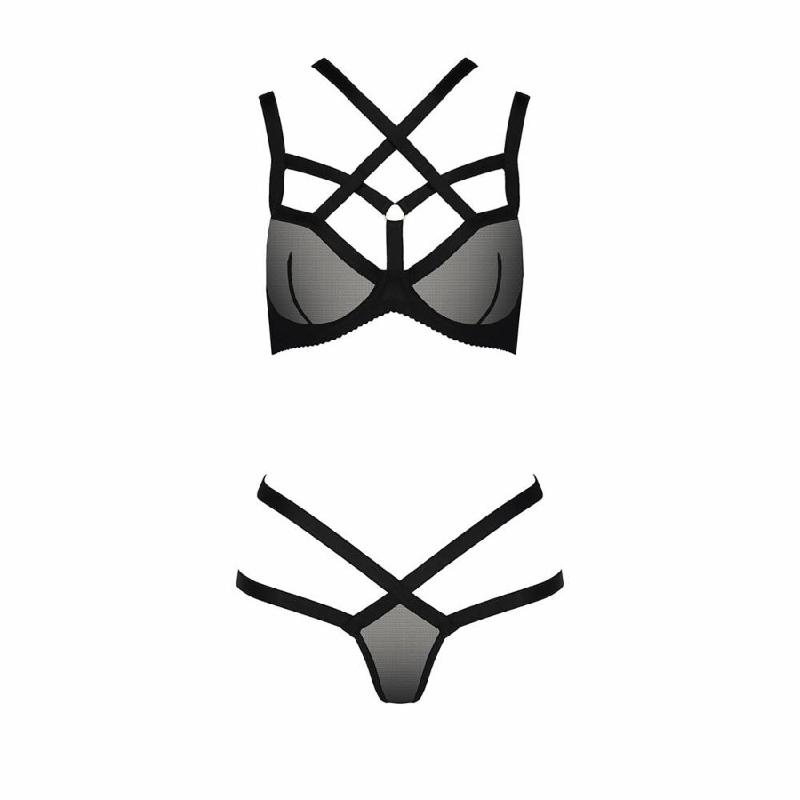 Комплект білизни Passion Exclusive HAGAR SET XXL/XXXL, black, стрепи трусики та ліф