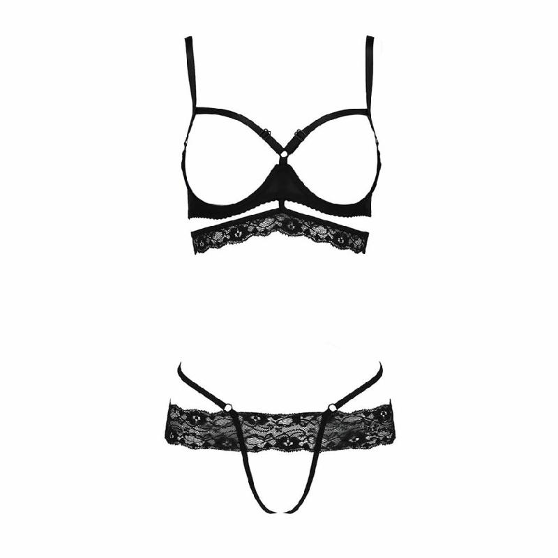 Комплект білизни Passion Exclusive SARIA SET OpenBra XXL/XXXL black, стрепи, відкритий ліф, стрінги