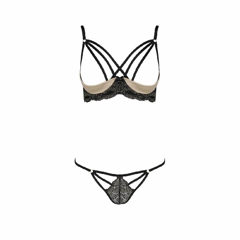 Комплект білизни Passion Exclusive VALERY SET OpenBra L/XL, black, стрепи, трусики, відкритий ліф