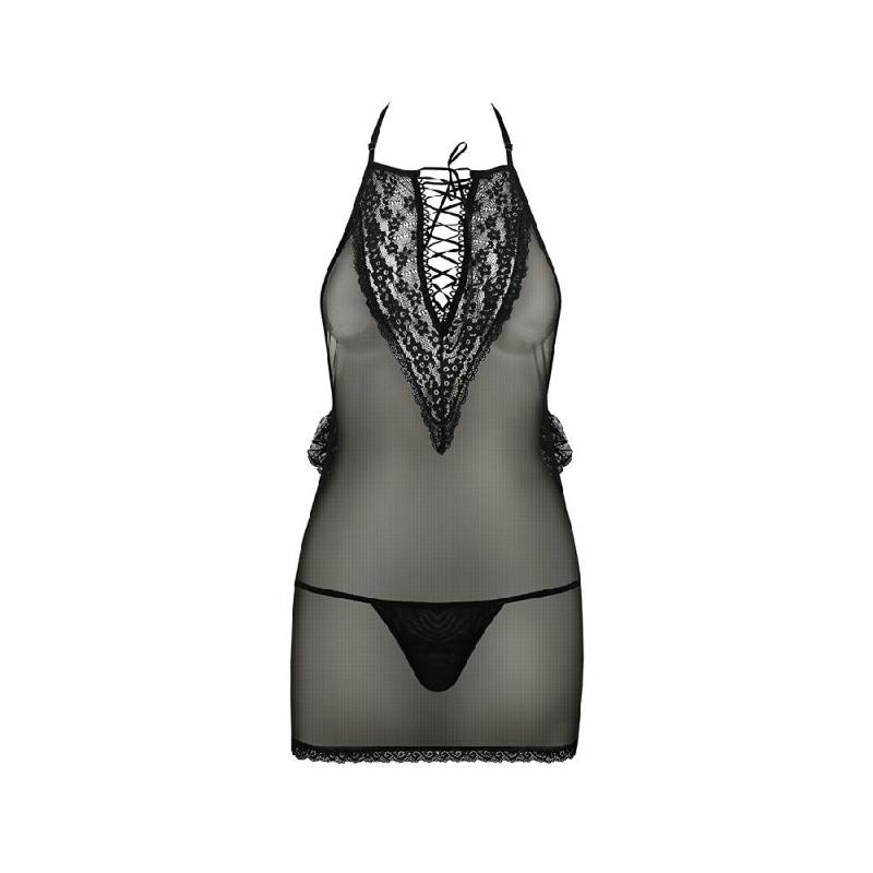 Сорочка прозора приталена Passion ERZA CHEMISE L/XL, black, трусики