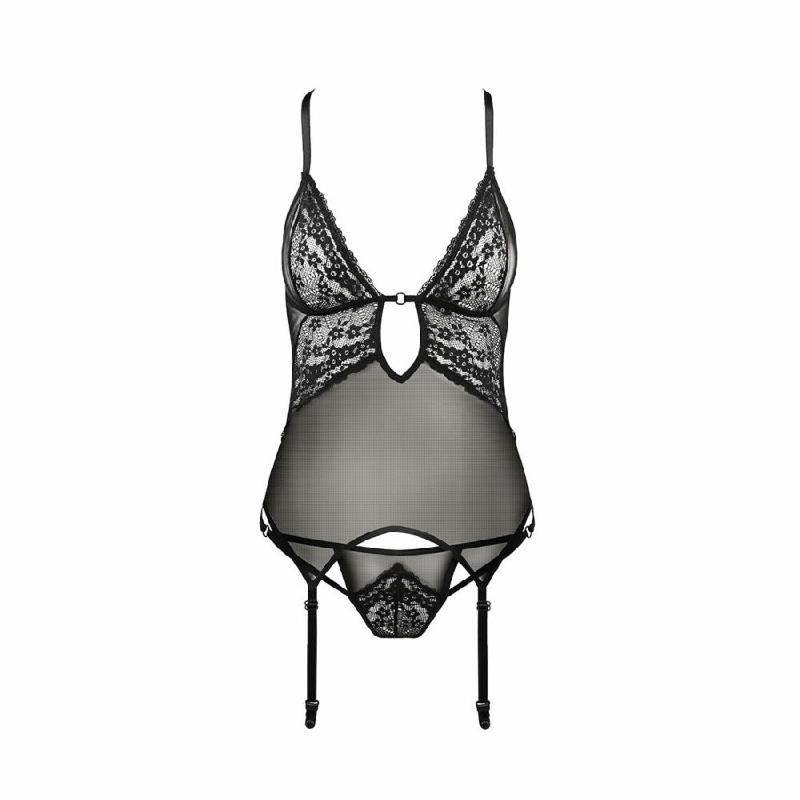 Корсет з декольте Passion ERZA CORSET S/M, black, пажі, трусики, напівпрозорий