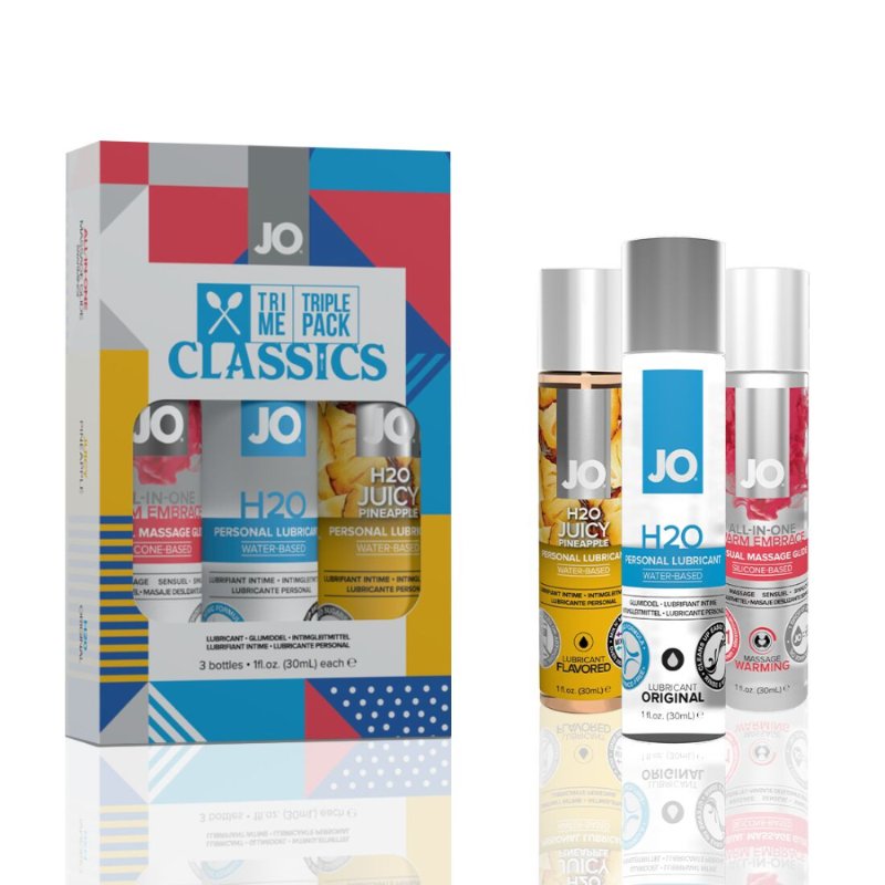 Набір JO Tri-Me Triple Pack — Classics (3×30 мл) водна, силіконова та смакова змазка - зображення 1