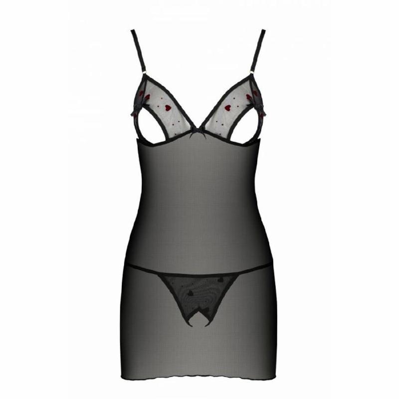 Сорочка з вирізами на грудях, стрінги Passion LOVELIA CHEMISE L/XL, black