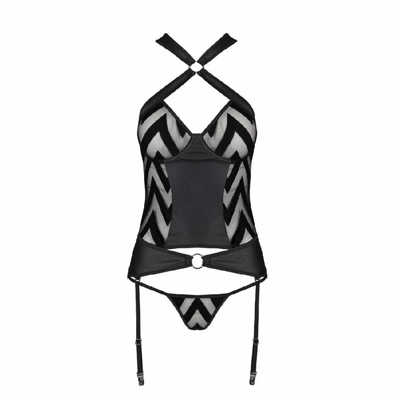Сітчастий комплект із візерунком, корсет, підв'язки, трусики Passion HIMA CORSET XXL/XXXL black