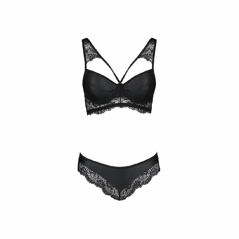 Комплект з еко-шкіри та мережива Passion LOONA SET S/M, black, бра і трусики