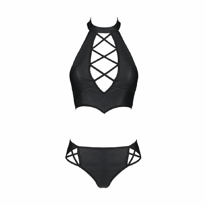 Комплект з еко-шкіри Passion NANCY BIKINI XXL/XXXL, black, бра та трусики з імітацією шнурівки