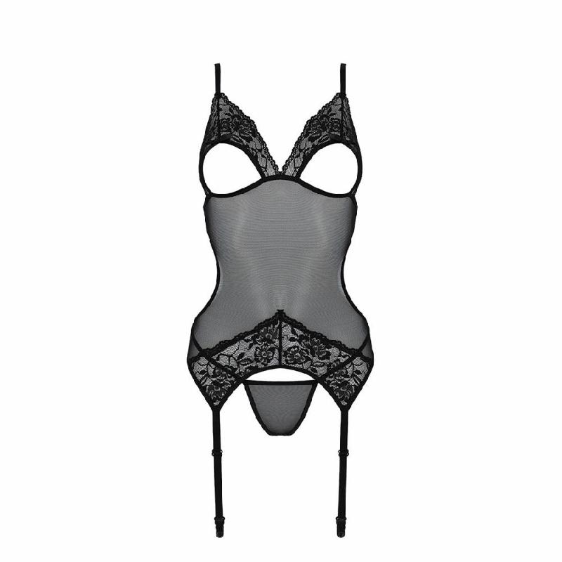 Корсет із підв’язками та ажурним ліфом Passion CHRISTA CORSET L/XL, black, стрінги в комплекті