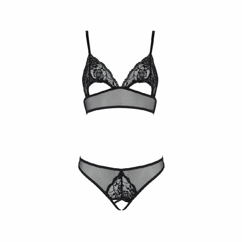 Комплект із бралету з ажурним ліфом та відкритими трусиками Passion CHRISTA SET Open Bra L/XL black