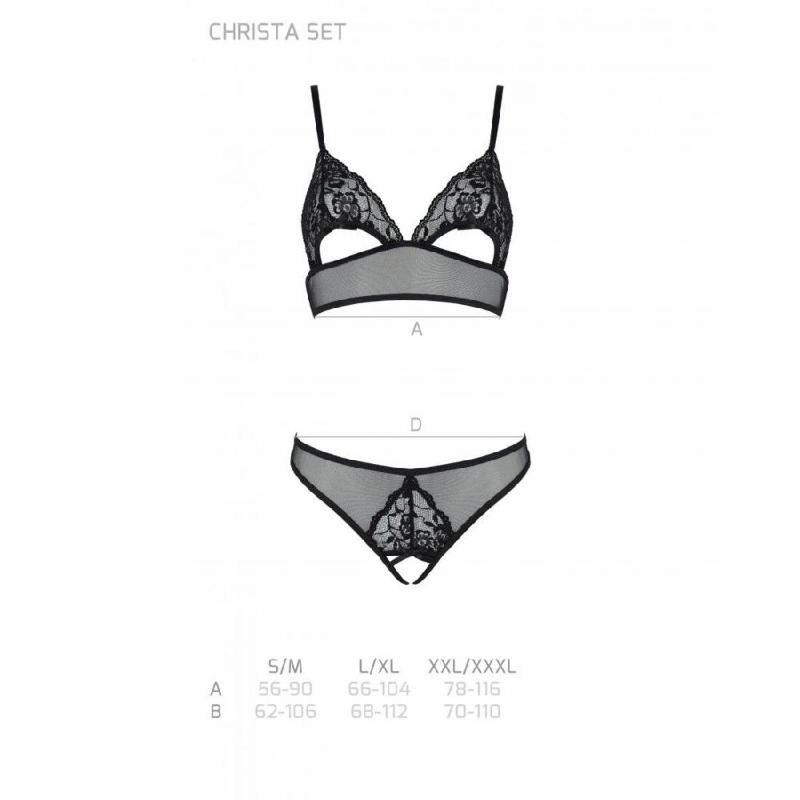 Комплект із бралету з ажурним ліфом та відкритими трусиками Passion CHRISTA SET Open Bra S/M black