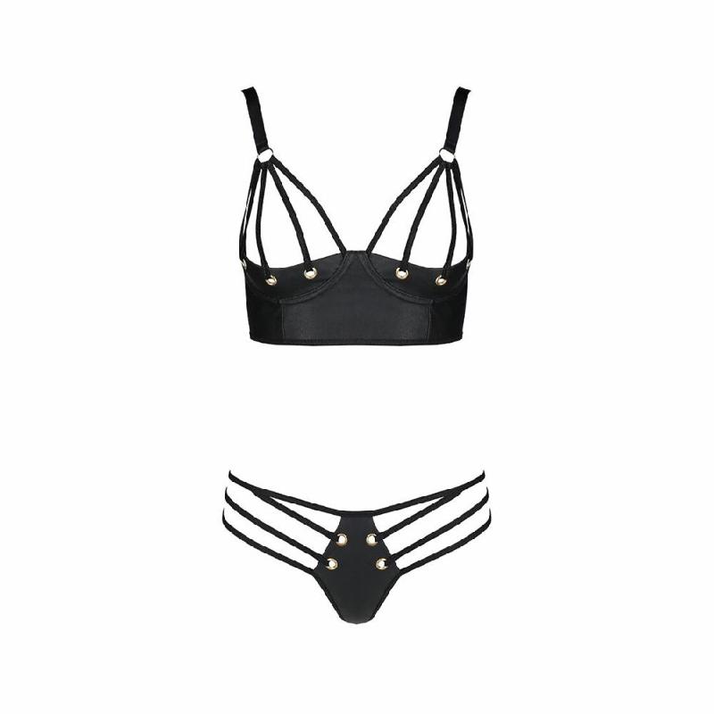 Комплект з екошкіри з люверсами та ремінцями Passion MALWIA BIKINI S/M, black, бра та трусики
