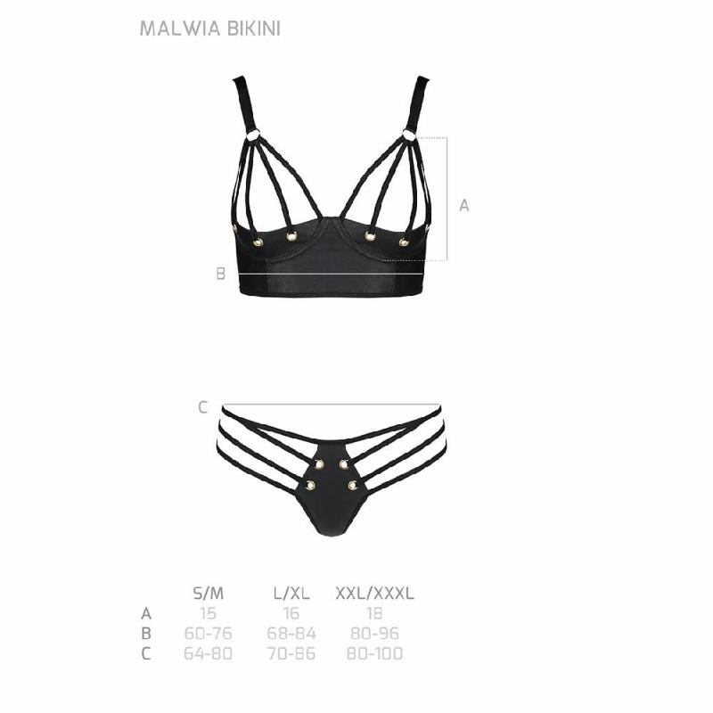 Комплект з екошкіри з люверсами та ремінцями Passion MALWIA BIKINI XXL/XXXL, black, бра та трусики