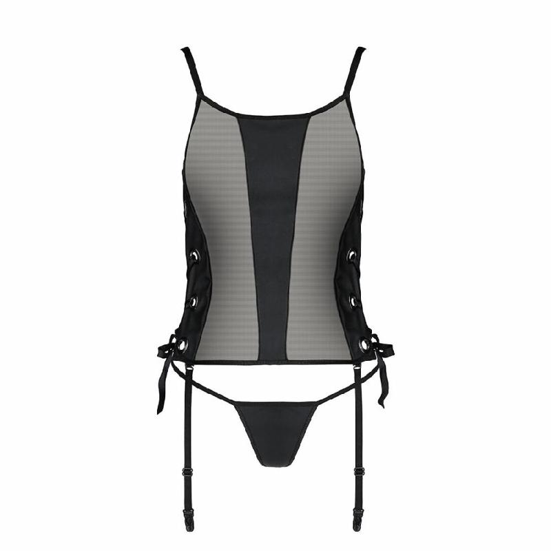 Сітчастий корсет з люверсами та знімними пажами Passion MALWIA CORSET L/XL black, екошкіра, стрінги
