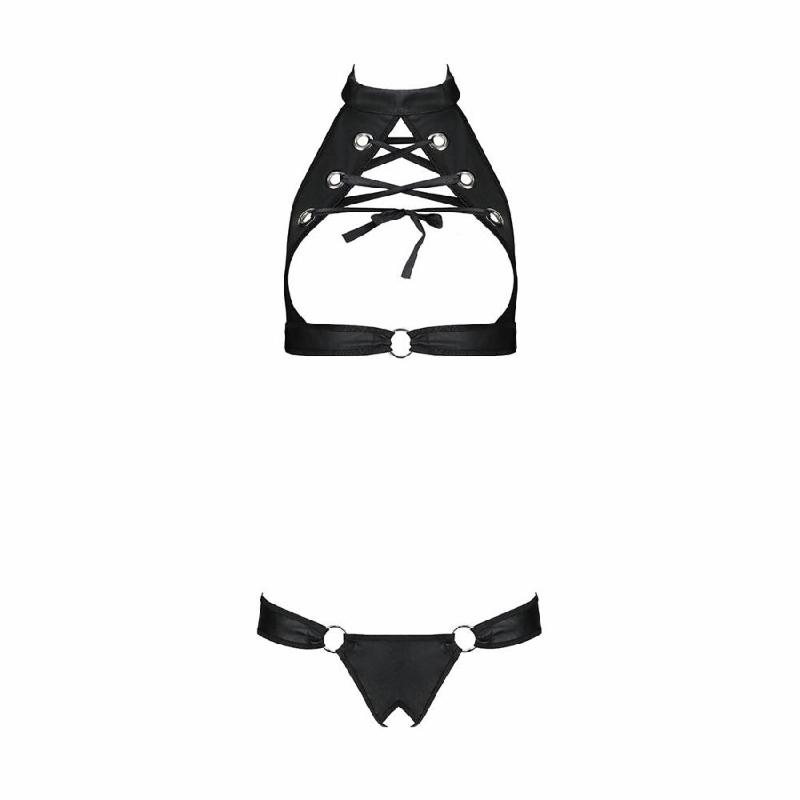 Комплект відкритий топ та трусики з екошкіри з люверсами Passion MALWIA SET with Open Bra L/XL black
