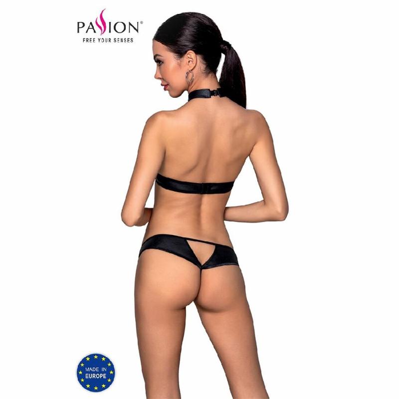 Комплект відкритий топ та трусики з екошкіри з люверсами Passion MALWIA SET with Open Bra L/XL black