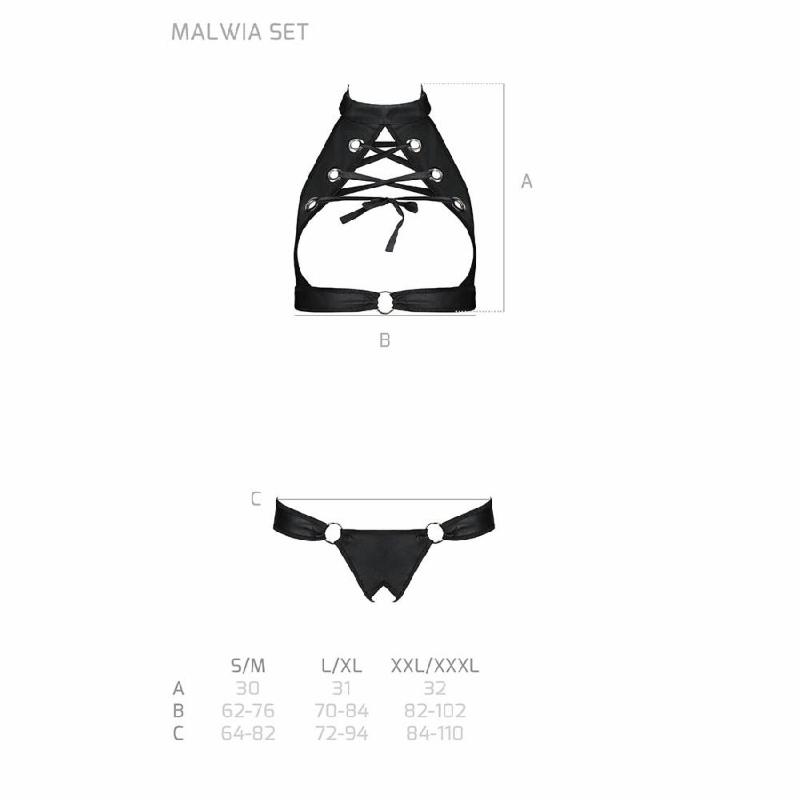 Комплект відкритий топ та трусики з екошкіри з люверсами Passion MALWIA SET OpenBra XXL/XXXL, black