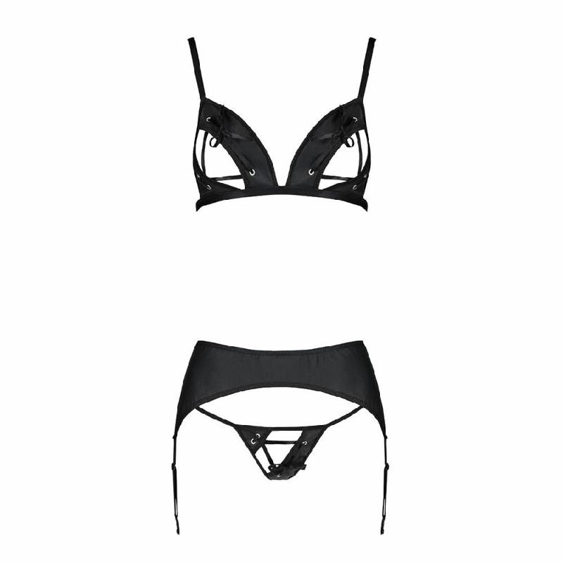 Комплект з екошкіри Passion MILEY SET L/XL, black, трусики, бюстгальтер, пояс для панчіх