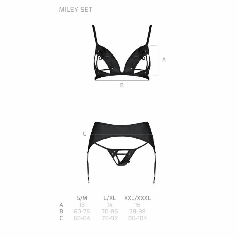 Комплект з екошкіри Passion MILEY SET L/XL, black, трусики, бюстгальтер, пояс для панчіх