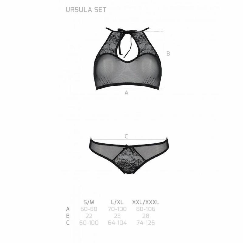 Комплект: бра, трусики з ажурним декором та відкритим кроком Passion URSULA SET L/XL, black