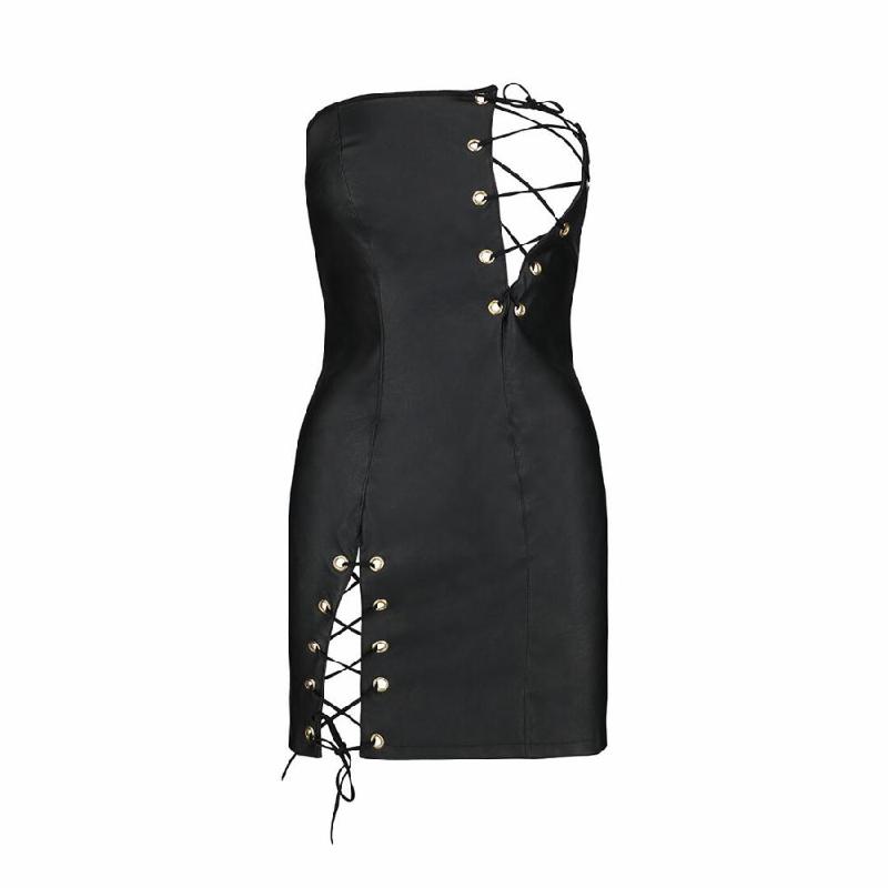 Мінісукня з екошкіри Passion CELINE CHEMISE L/XL, black, шнурівка, трусики в комплекті