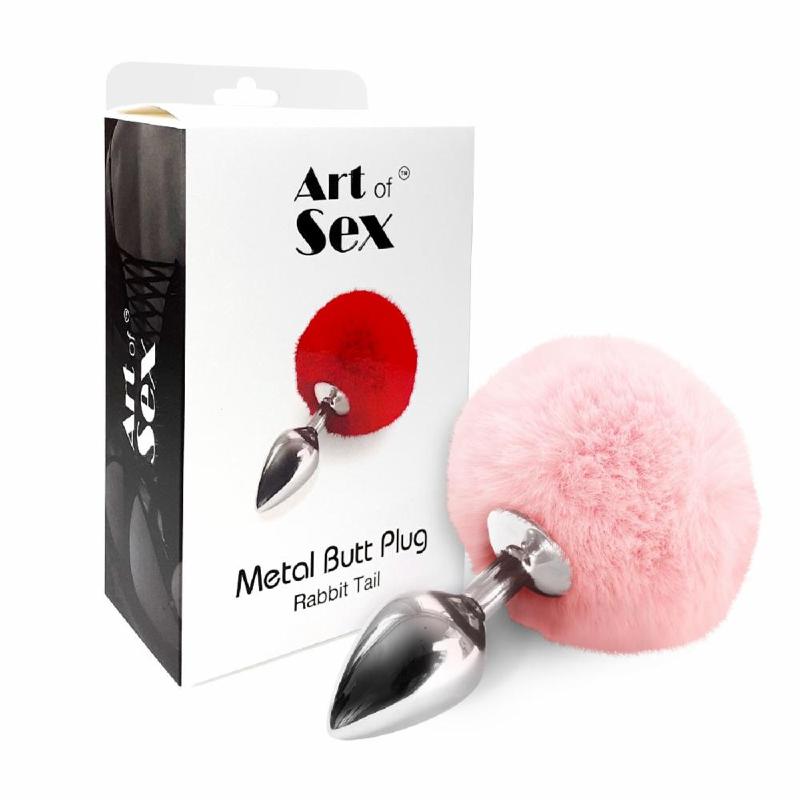 Металева анальна пробка М Art of Sex - Metal Butt plug Rabbit Tail Soft pink, діаметр 3,4 см