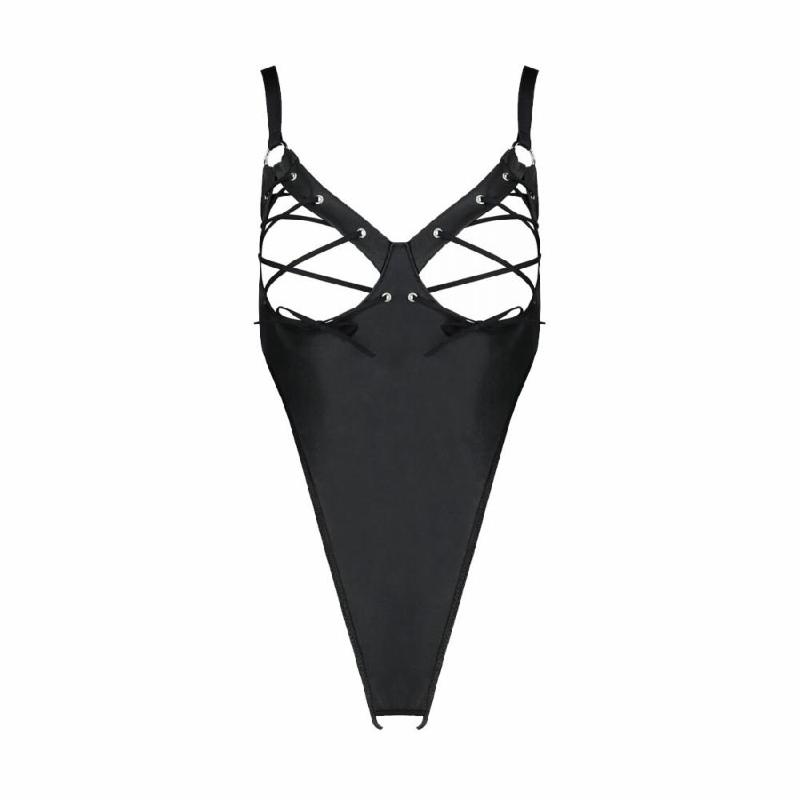 Боді з екошкіри Passion CELINE BODY 4XL/5XL black, з доступом, відкритий
