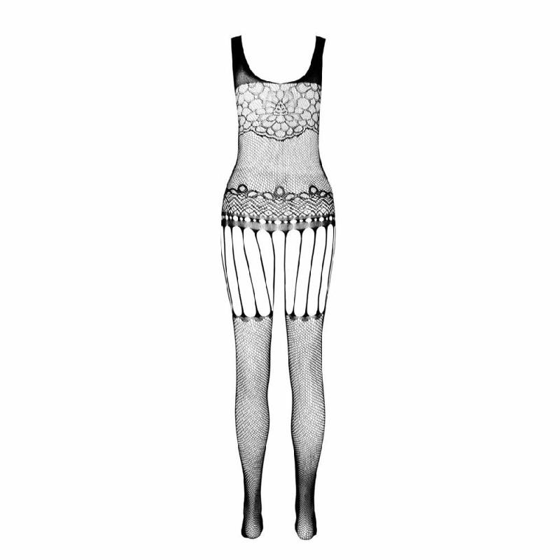 Бодістокінг Passion ECO BS001 One Size black, з доступом, імітація підв’язок, флористичний декор