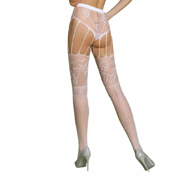 Еротичні колготки-бодістокінг Passion ECO S004 white, закриті трусики, декор, підв’язки