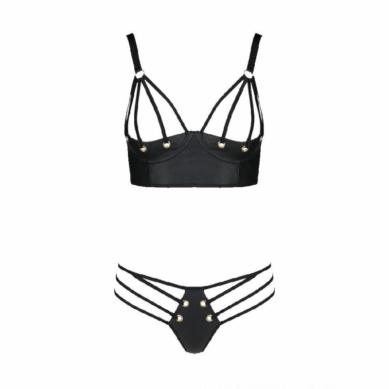 Комплект з екошкіри Passion MALWIA BIKINI 4XL/5XL black, з люверсами та ремінцями, бра, трусики
