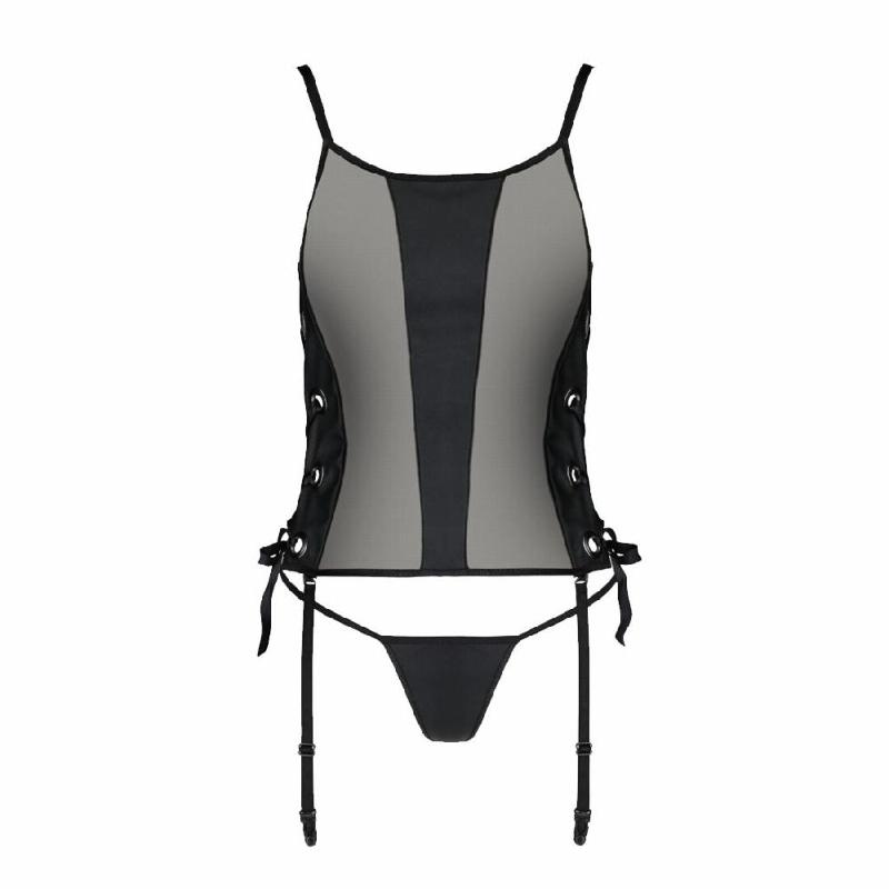 Сітчастий корсет з екошкіри Passion MALWIA CORSET 6XL/7XL black, з люверсами та знімними пажами