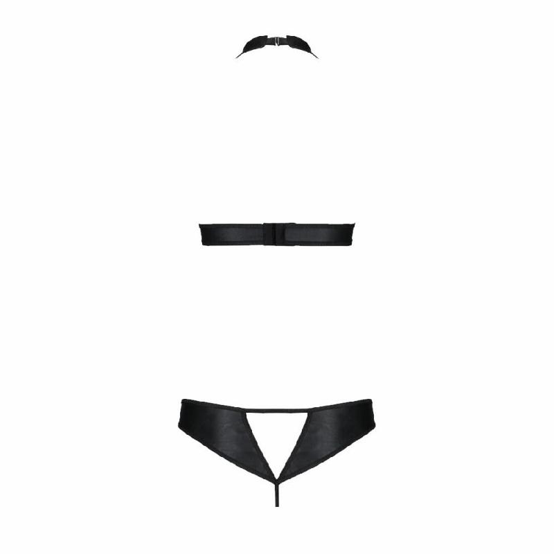 Комплект із екошкіри Passion MALWIA SET with Open Bra 4XL/5XL black, топ та трусики з люверсами