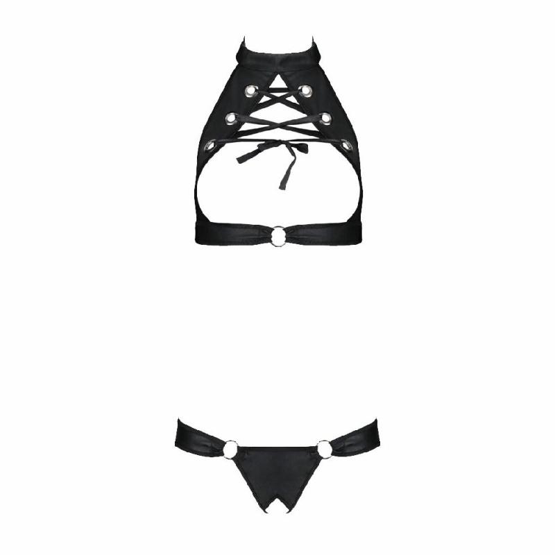 Комплект із екошкіри Passion MALWIA SET with Open Bra 6XL/7XL black, топ та трусики з люверсами